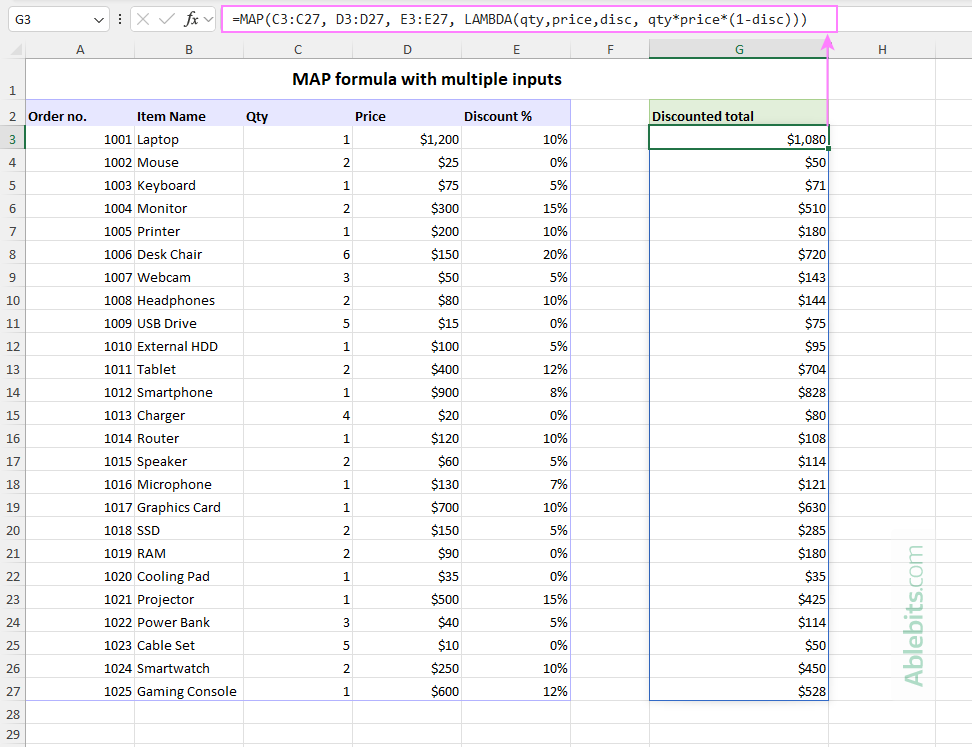Excel MAP formula with multiple inputs.