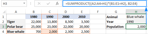 SUMPRODUCT formula for two-way lookup in Excel