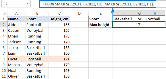 Find the max value based on multiple criteria with OR logic