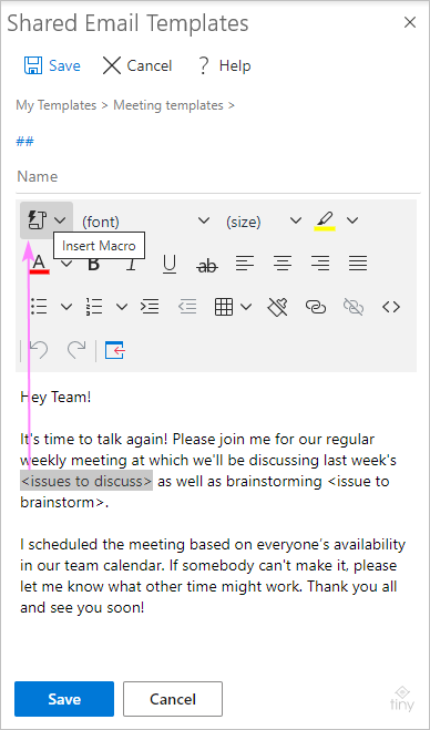Inserting a macro in the meeting template