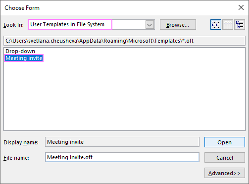 Opening a meeting template in Outlook
