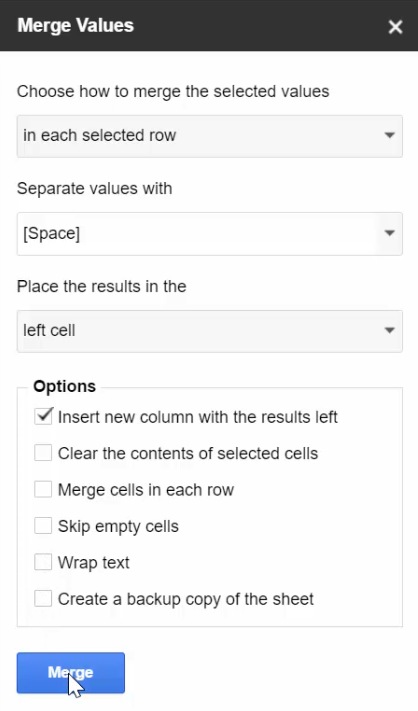 Merge the values with Merge values add-on for Google Sheets
