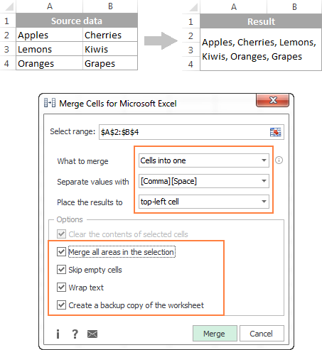 Merge and combine cells in Excel without losing data