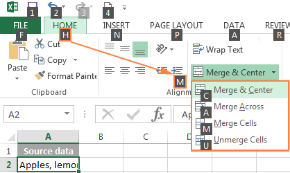 is there a shortcut for merge and center in excel