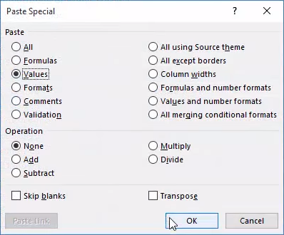 Choose the Values option in Paste Special settings