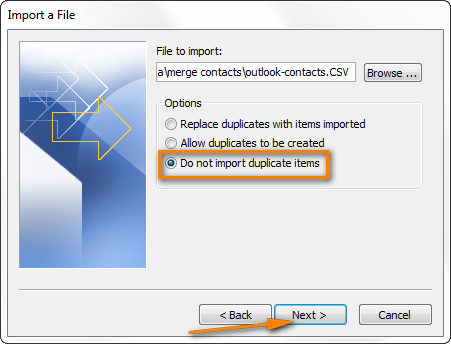 Be sure to select the option 'Do not import duplicate items'.