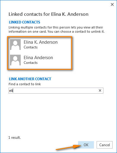 Choose the needed contact(s) from the result list and click on it to link the contacts together.