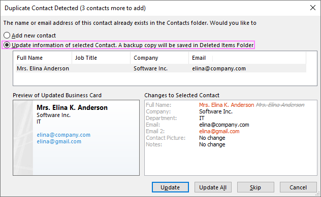 Choose whether to update information of the existing contact or add a new one.