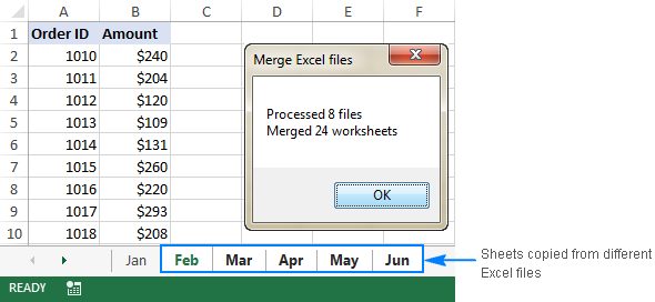 The result of executing the MergeExcelFiles macro.