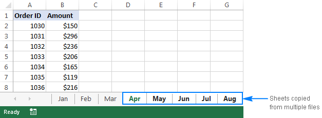 Sheets from multiple Excel workbooks are merged into one file.