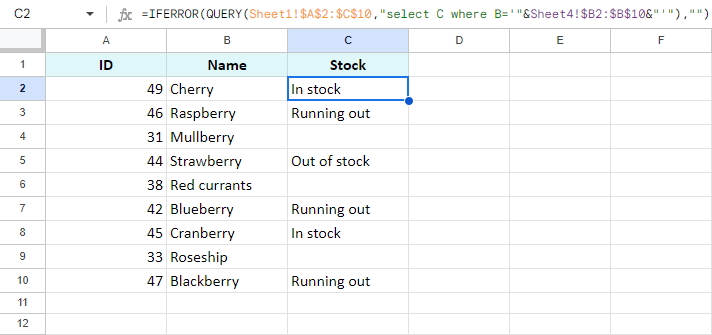 How Google Sheets QUERY updates cells with the info from another table.
