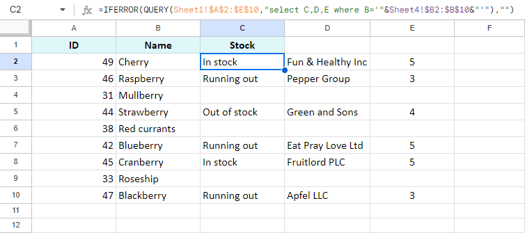 Use Google Sheets QUERY to update cells and add related columns.