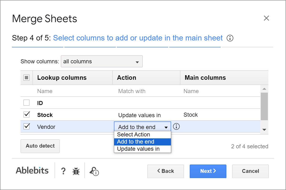 Select action in Merge Sheets: update values or add a column to the end.