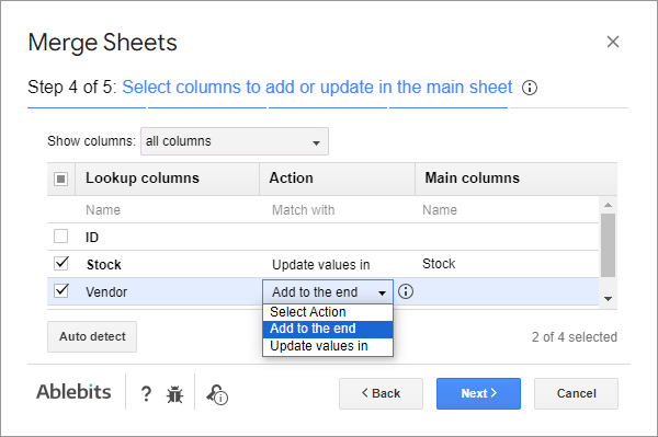 Select action in Merge Sheets: update values or add a column to the end.