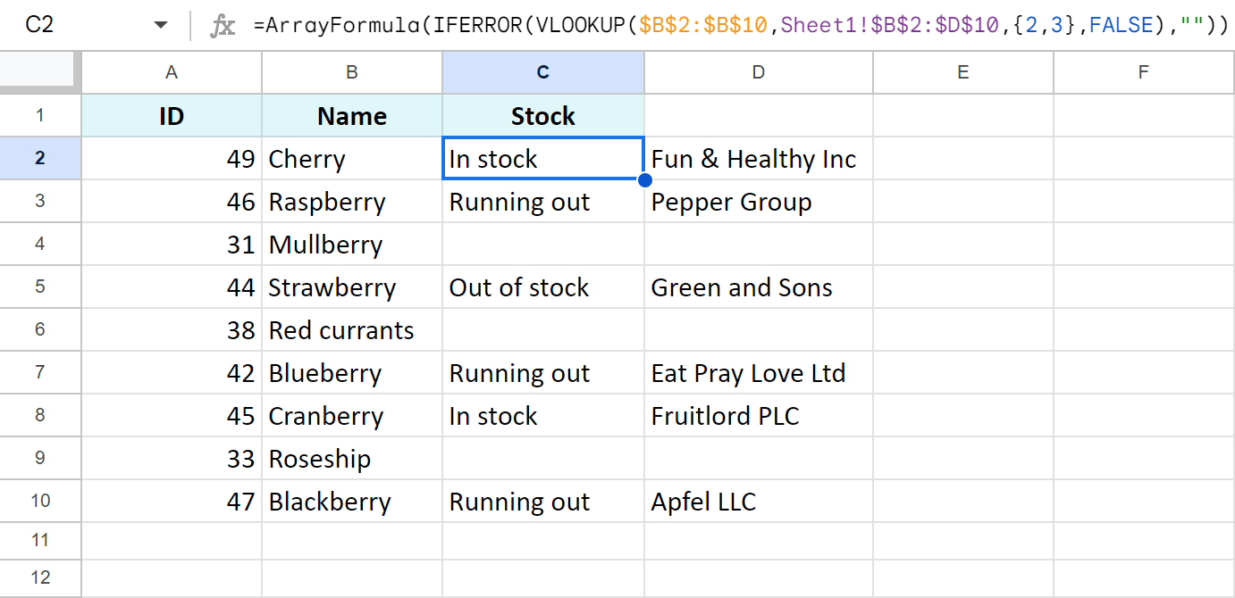 Create an array of columns in Google Sheets VLOOKUP.