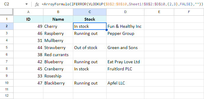 Create an array of columns in Google Sheets VLOOKUP.