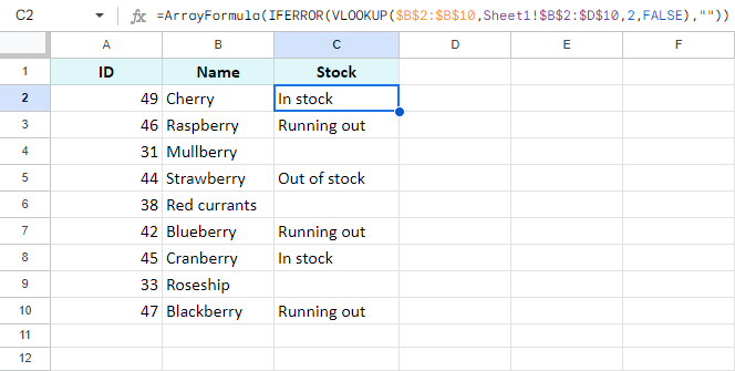 Use VLOOKUP to merge two Google sheets and update cells.
