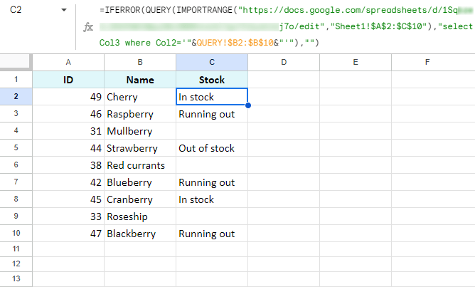 使用IMPORTRANGE和QUERY从另一个电子表格导入数据。