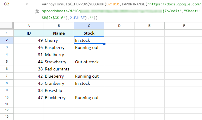 在VLOOKUP中使用IMPORTRANGE从另一个Google文件中提取数据。