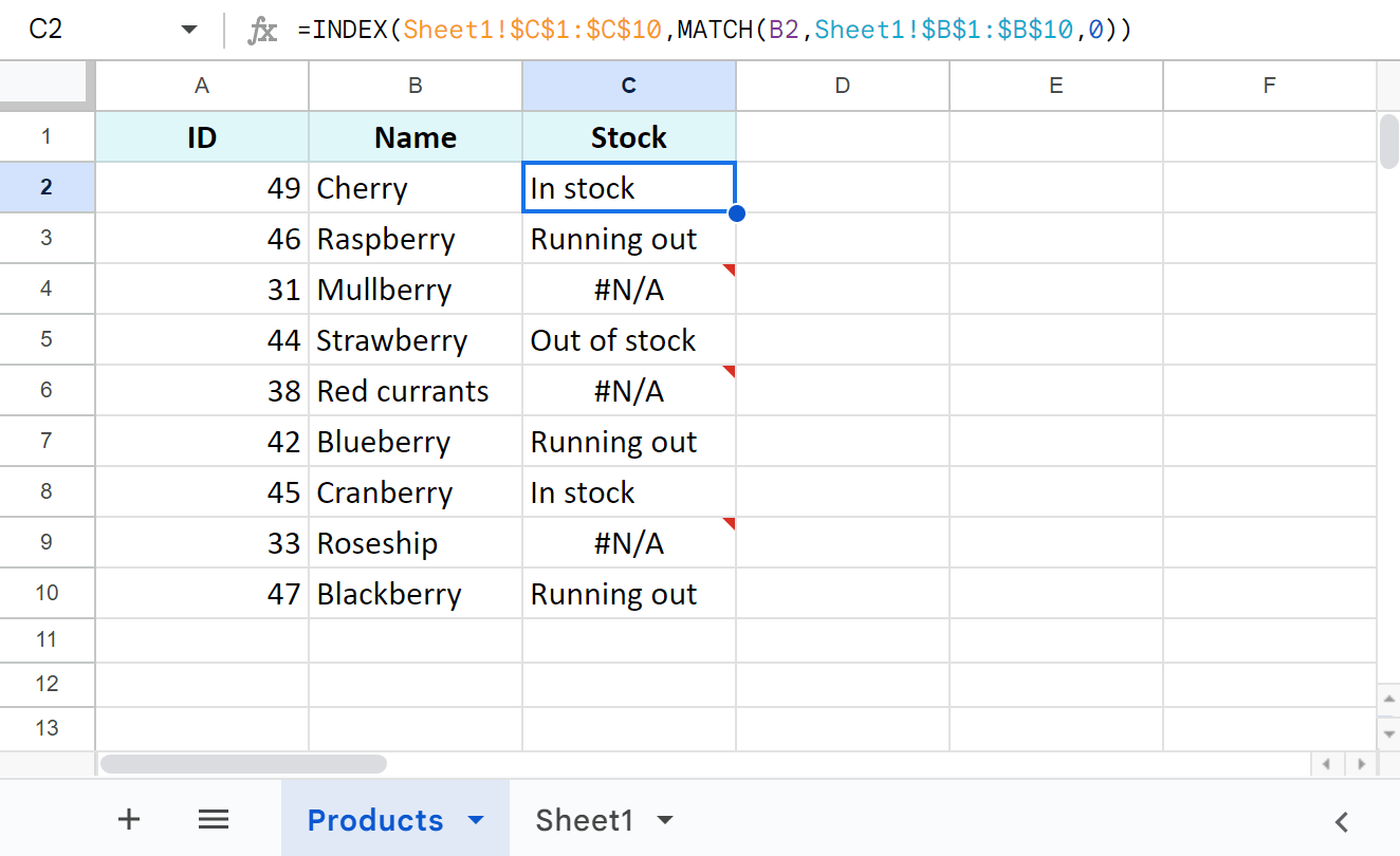 Update data using INDEX MATCH in Google Sheets.