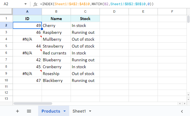 INDEX MATCH更新最左边一列。