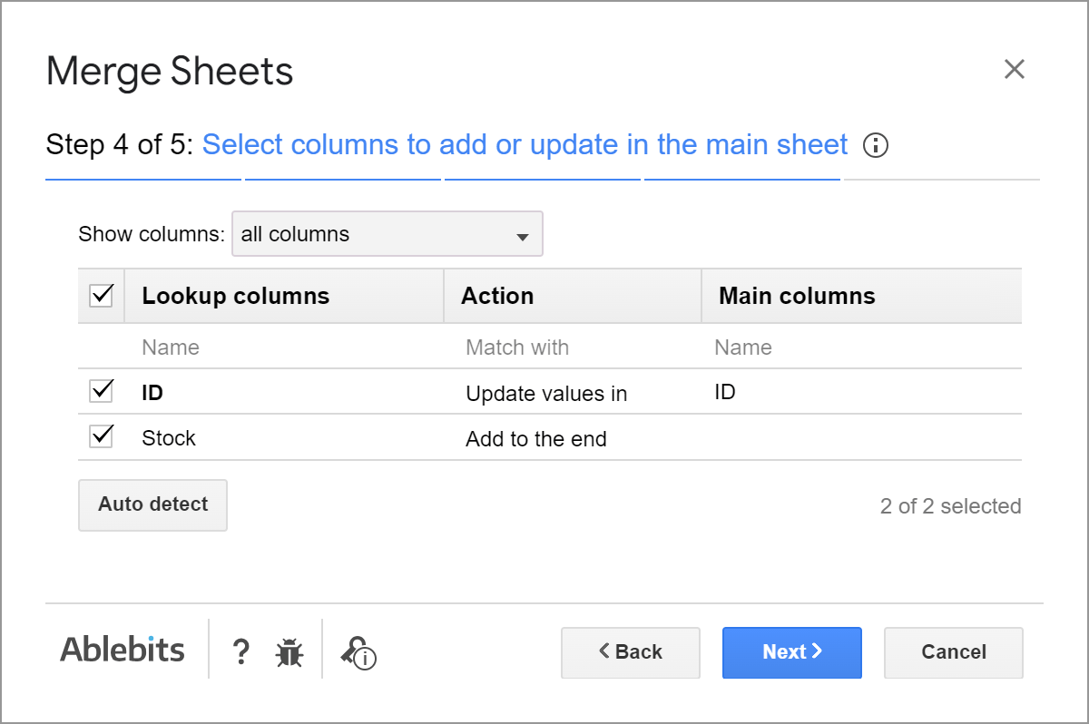 Select columns to add and update.