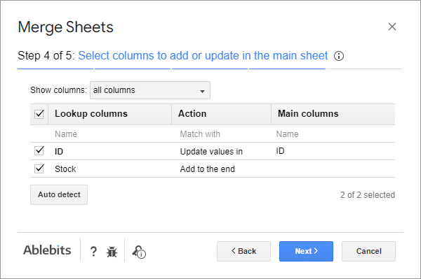 Select columns to update.