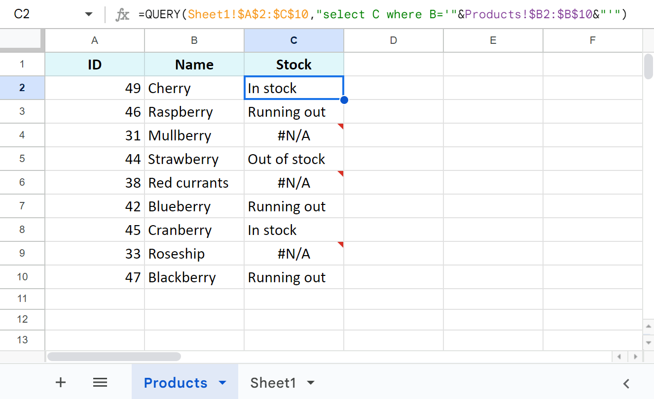 QUERY updates one column with the info from another sheet.