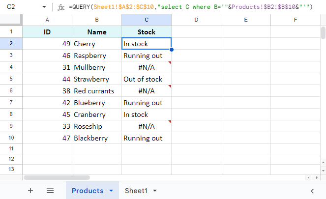 QUERY updates one column with the info from another sheet.