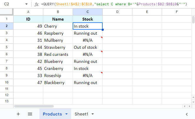 QUERY用另一个工作表的信息更新一列。