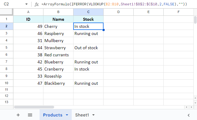 在ArrayFormula中的VLOOKUP，以获得该列中所有单元格的结果。