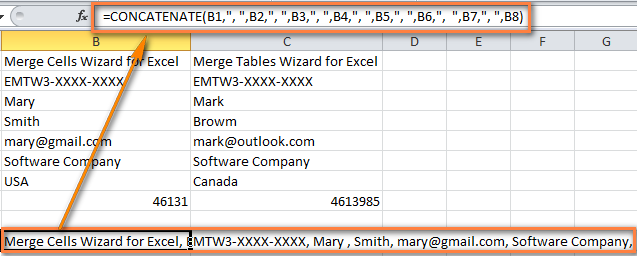 CONCATINATE formula to combine values from multiple rows into a single cell.