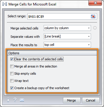 Choose aditional options for merging Excel rows.