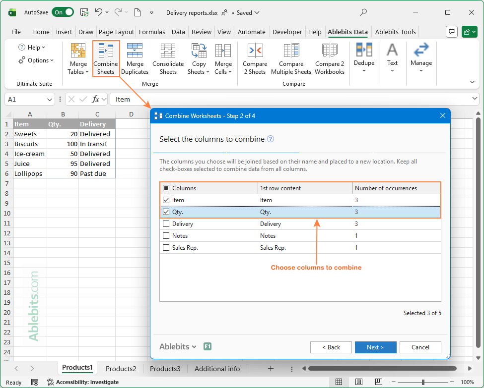 Merge specific columns from multiple sheets.