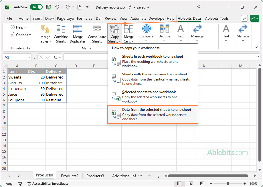 Combine data from multiple Excel sheets into one.