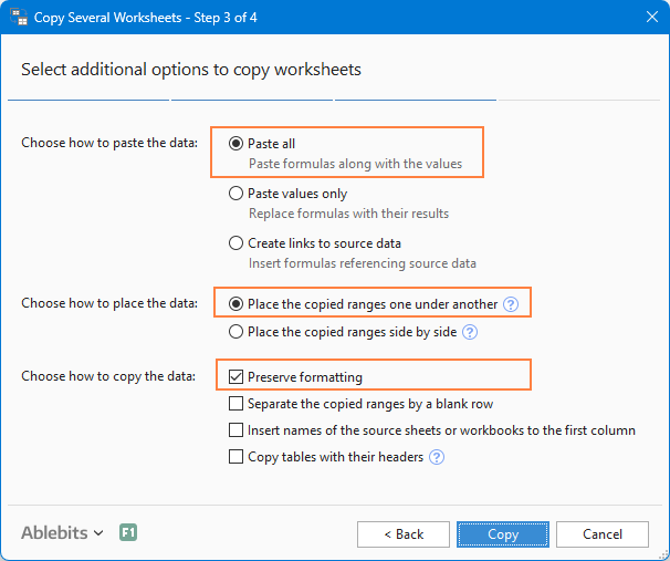 Select additional options to merge spreadsheets.