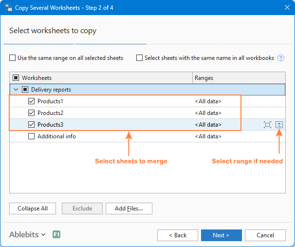 Select the worksheets to merge.