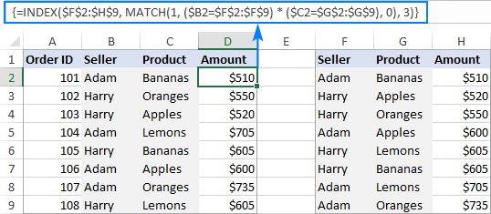 An array formula to combine tables by matching values in multiple columns