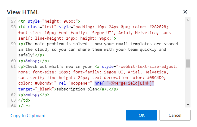 Editing the HTML code of the mail merge template