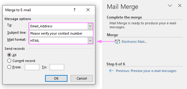 Configure the Message options and run the mail merge.