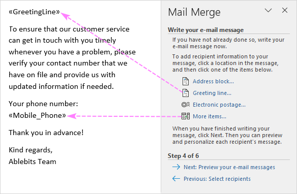 Write the message and insert the merge fields.