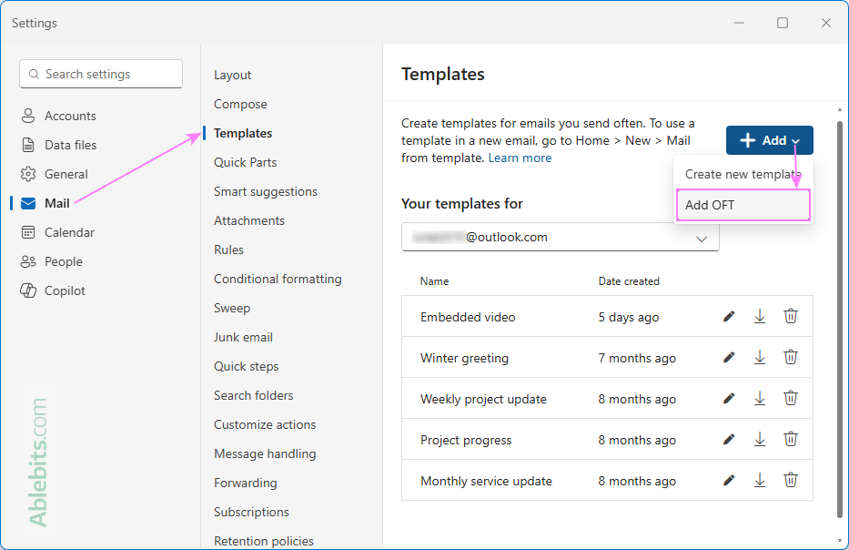Add an .oft template to the new Outlook.