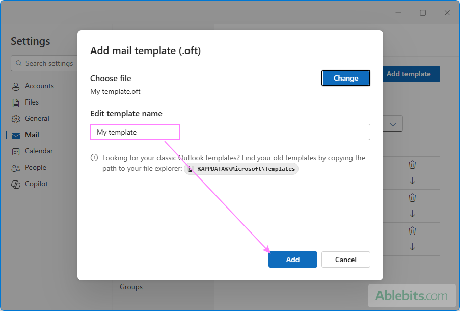 Add the selected .oft template into the new Outlook.
