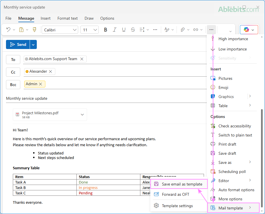 Create a message template in the new Outlook.