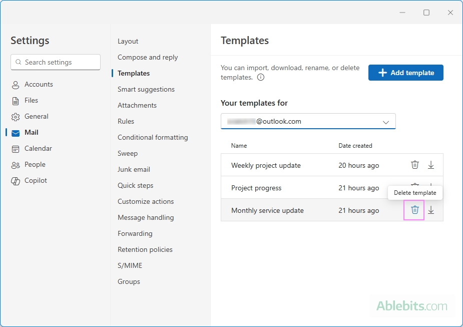 Delete a template in the new Outlook.