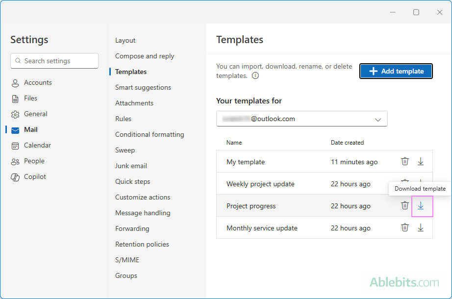 Download a new Outlook template as an .oft file.