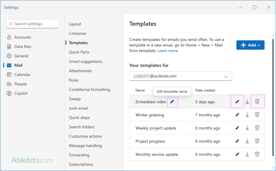 Edit or delete an email template in new Outlook.