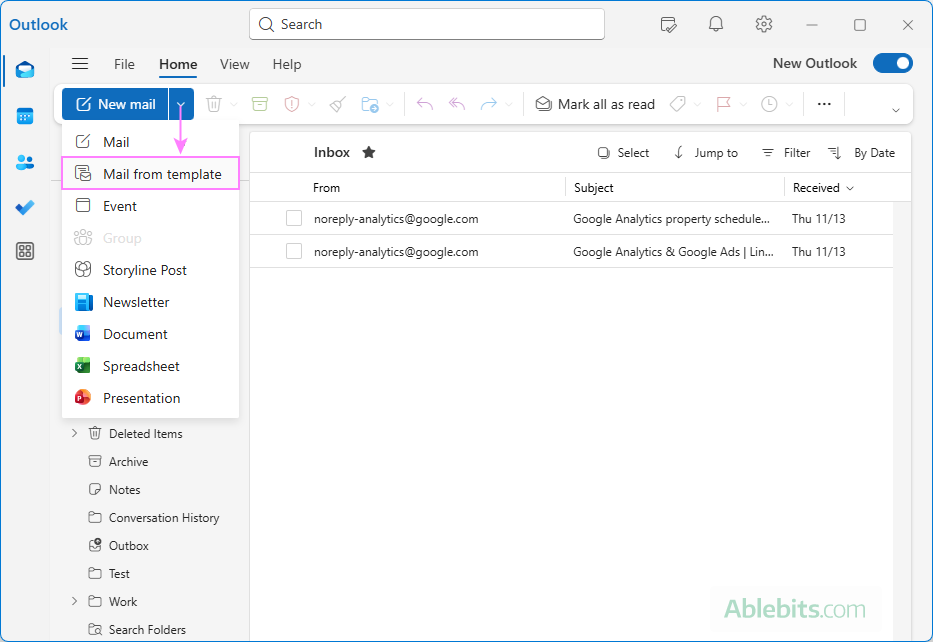 Send an email from template in Outlook.