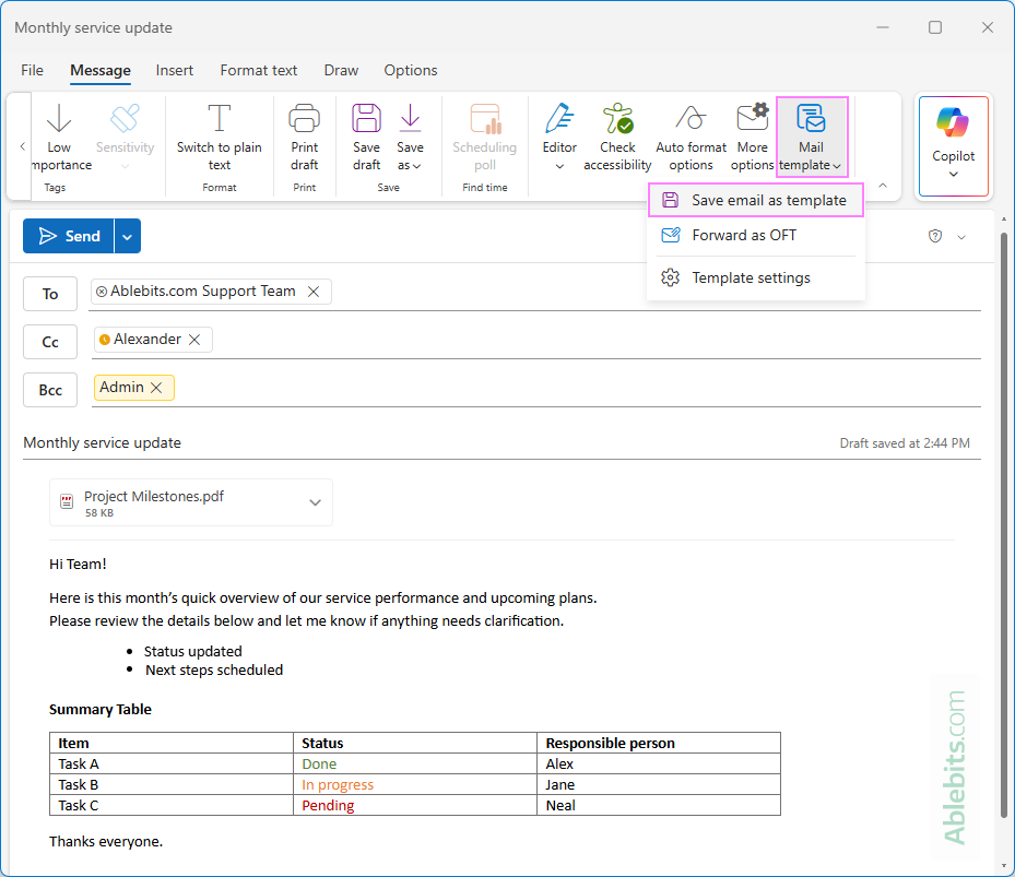 Make a template from an email message in the new Outlook.