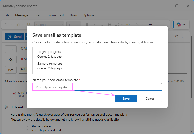 Save the email as a template in the new Outlook.